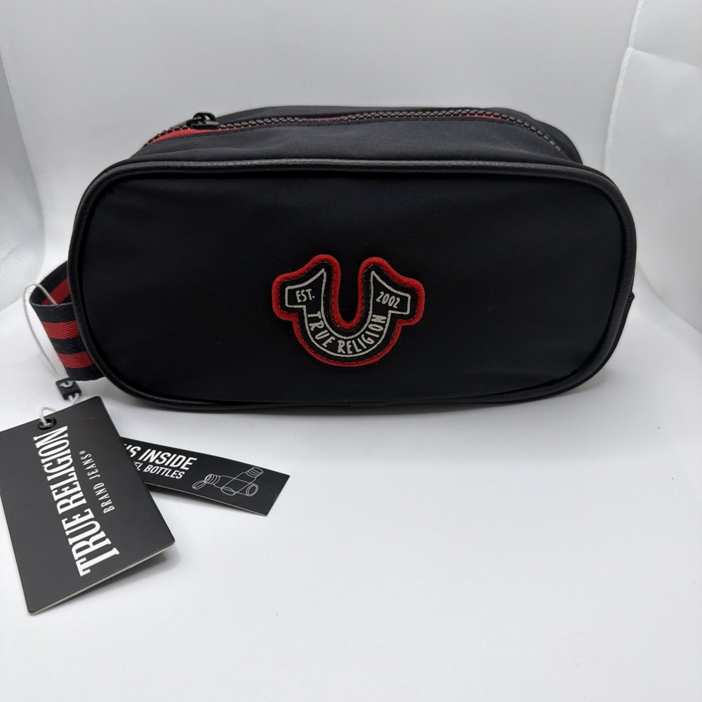 TRUE RELIGION Toiletry Bag PENN Black Red Bonus Travel‎ Bottles BRAND NEW NWT